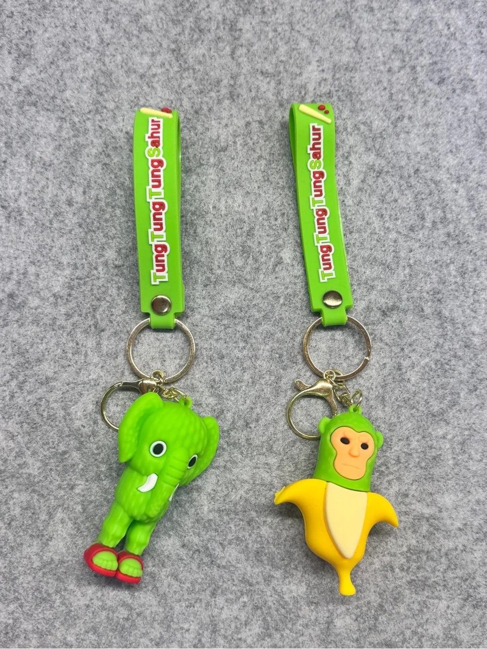 Bright Green Elephant & Monkey Keychain Pair with Logo Strap